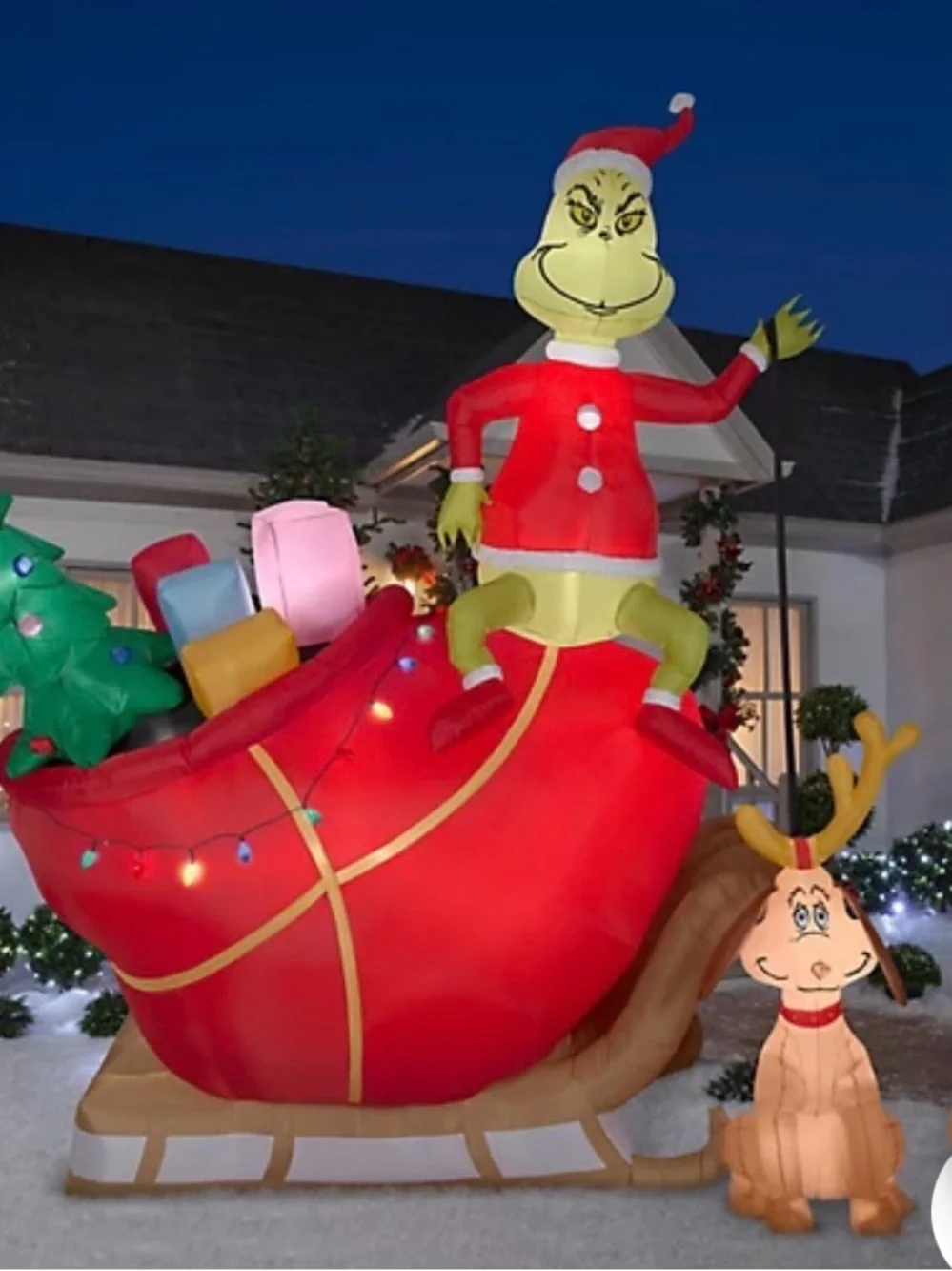 Brand new in box Inflatable Grinch in Red Santa Sleigh Holiday Decoration